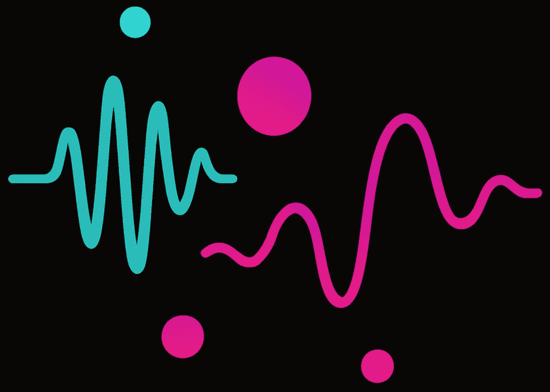 Two intersecting waveforms on a black background — a cyan waveform with sharp complex peaks on the left, and a magenta waveform with wide smooth curves on the right, with three magenta dots floating around them. The graphic represents the idea that human variance produces distinct, readable signals — and that designing for that variance is where the strongest design intelligence lives.